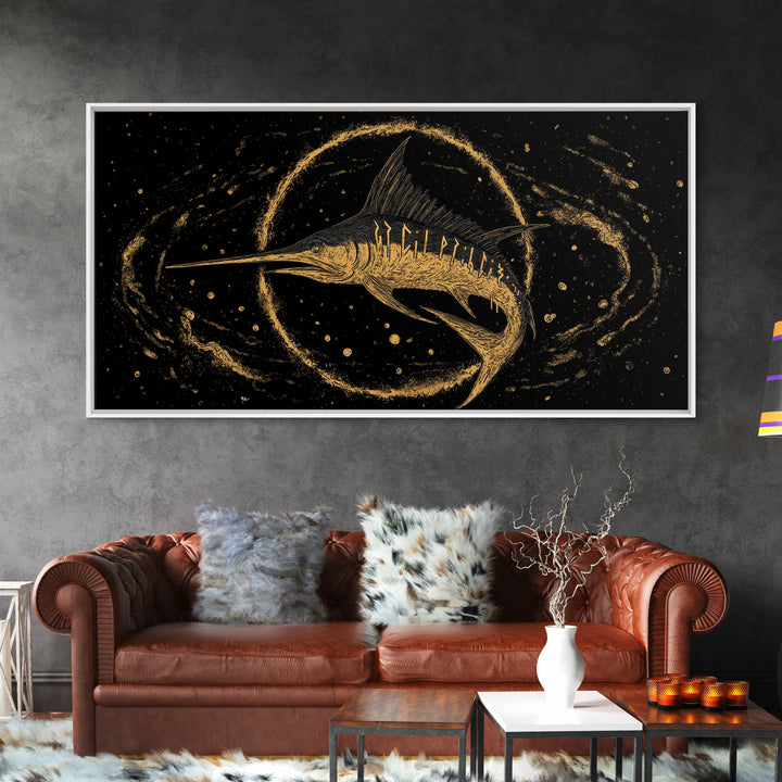 Swordfish Canvas Gold Art Nordic Mythology Inspired Canvas Art for Man Cave Wall Decor, Office Art Framed in Natural Wood