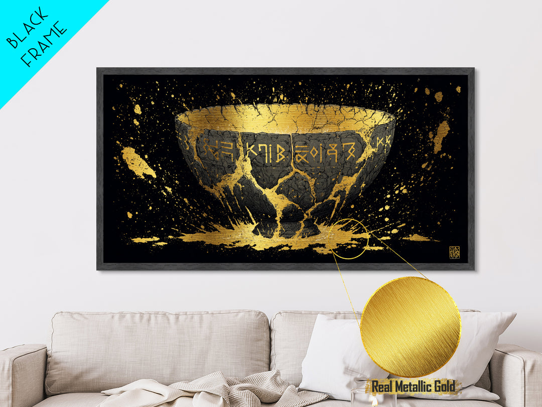 Viking Rune Bowl Metallic Gold Art, Nordic Mythology Metal Art with Real Wood Frame, Unique Office Wall Decor, Man Cave Gift