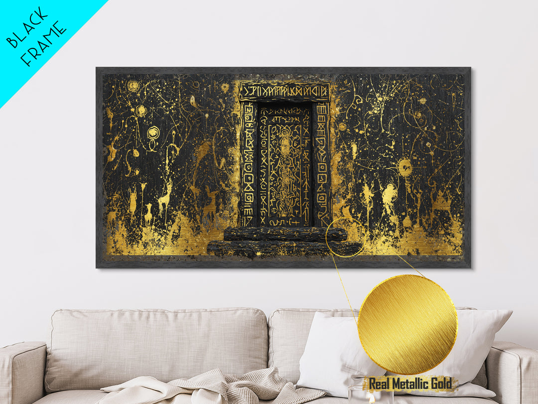Runestone Doorway Metallic Gold Art, Nordic Mythology Inspired Metal Art, Pagan Viking Office Decor Framed in Real Wood