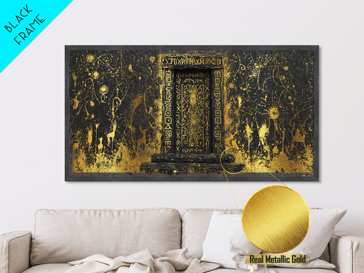 Runestone Doorway Metallic Gold Art, Nordic Mythology Inspired Metal Art, Pagan Viking Office Decor Framed in Real Wood