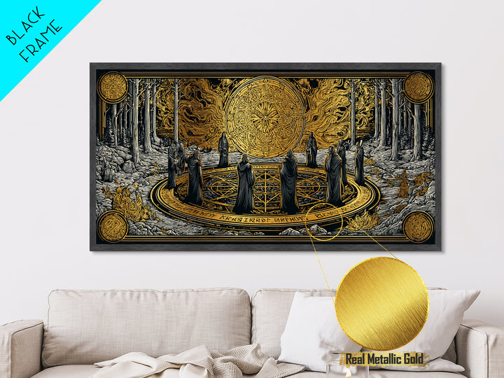Nordic Ritual Circle Metallic Gold Art, Mythology Inspired Metal Art, Mystical Office Wall Decor with Real Wood Framing