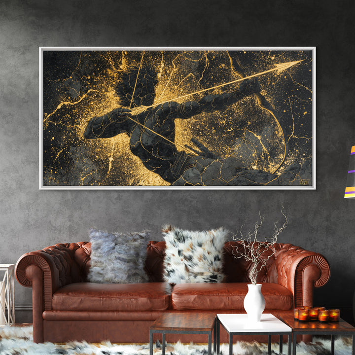 Archer Warrior Canvas Gold Art, Nordic Mythology Canvas Art for Office Wall, Unique Man Cave Decor, Real Wood Frame Gift