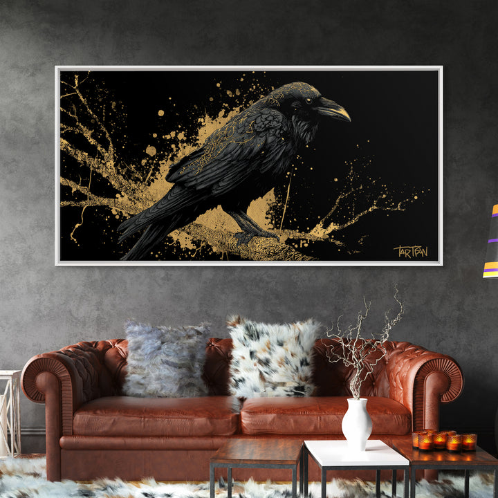 Viking Raven Canvas Gold Art Canvas Art Norse Wall Decor with Real Wood Frame, Nordic Mythology Office or Dad Gift Artwork