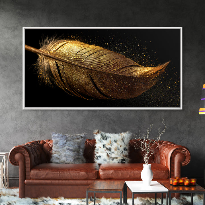 Golden Feather Canvas Gold Art, Norse Mythology Inspired Canvas Art, Viking Decor for Office or Study, Framed in Real Wood