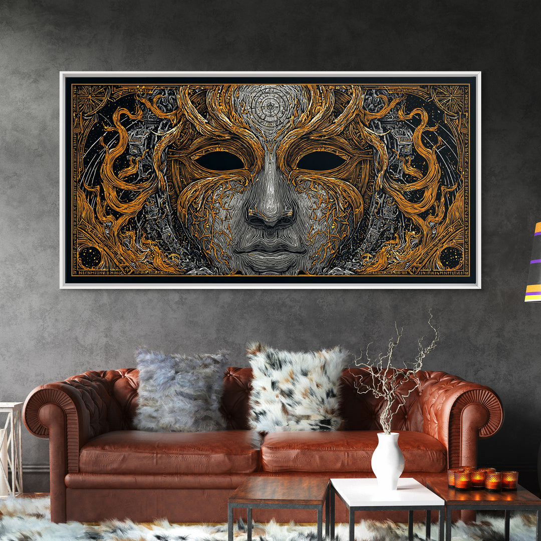 Odin’s Face Canvas Gold Art, Norse Mythology Inspired Canvas Art, Nordic Office Decor Framed in Natural Wood for Man Cave