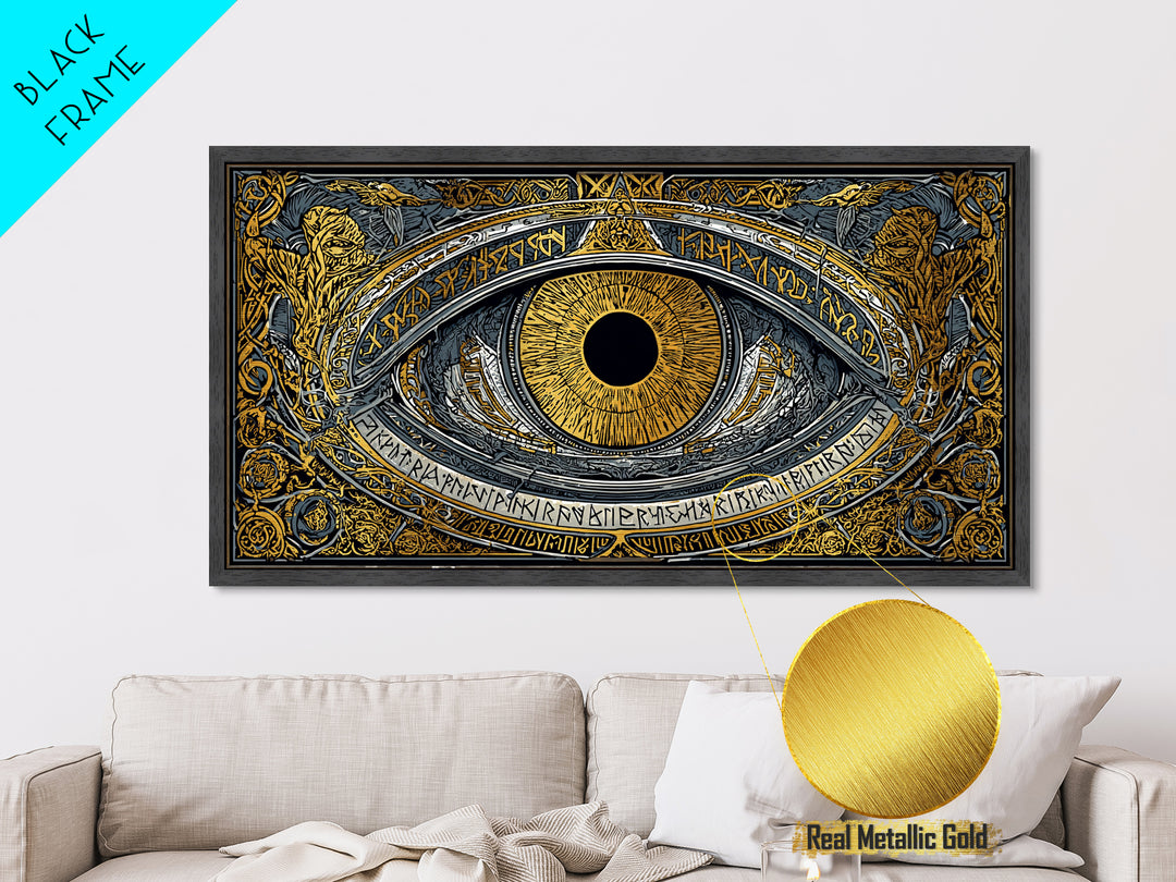 Odin’s Eye Metallic Gold Art Nordic Metal Art Norse Mythology Wall Decor framed in natural wood, Man Cave Gift, Office Art