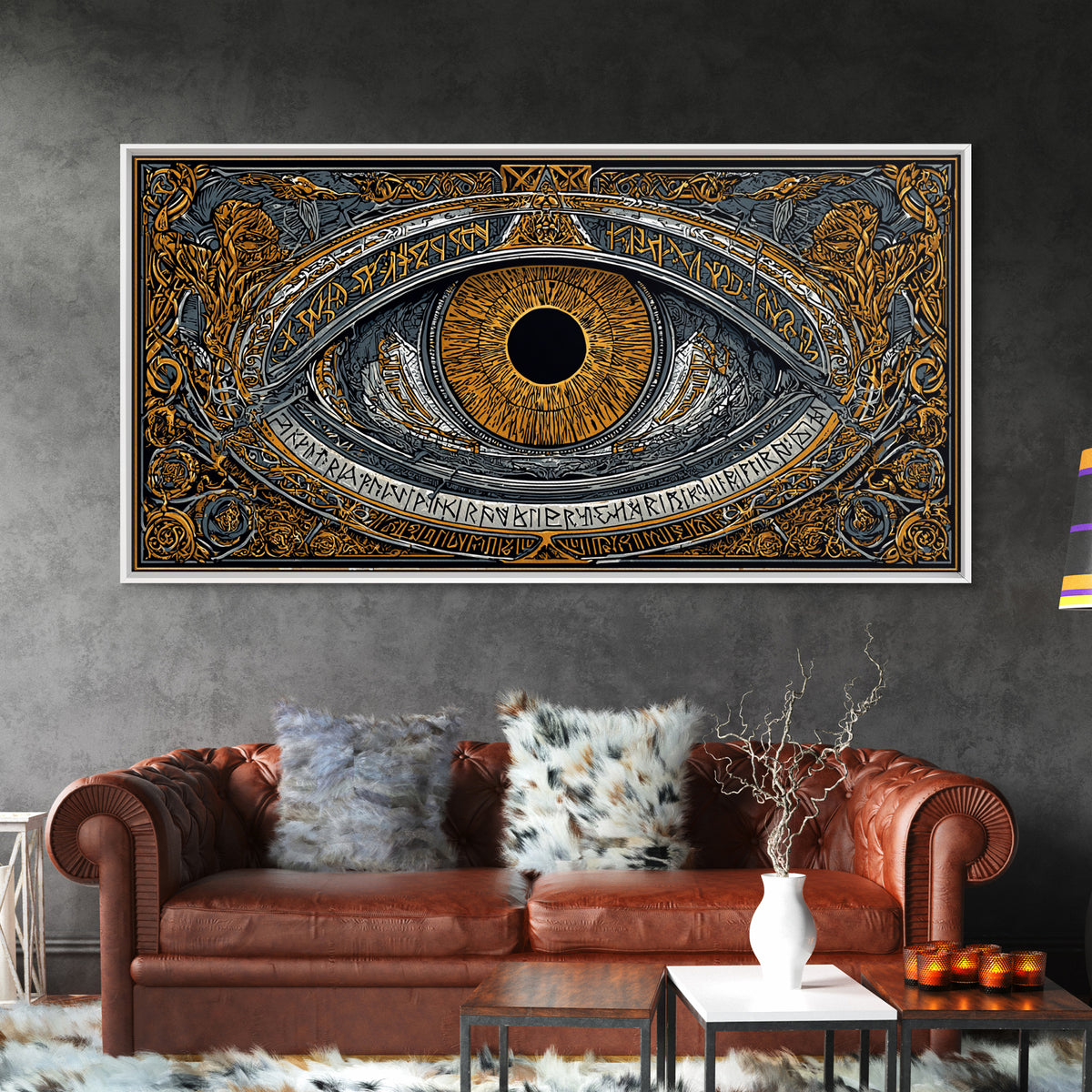 Odin’s Eye Canvas Gold Art Nordic Canvas Art Norse Mythology Wall Decor framed in natural wood, Man Cave Gift, Office Art