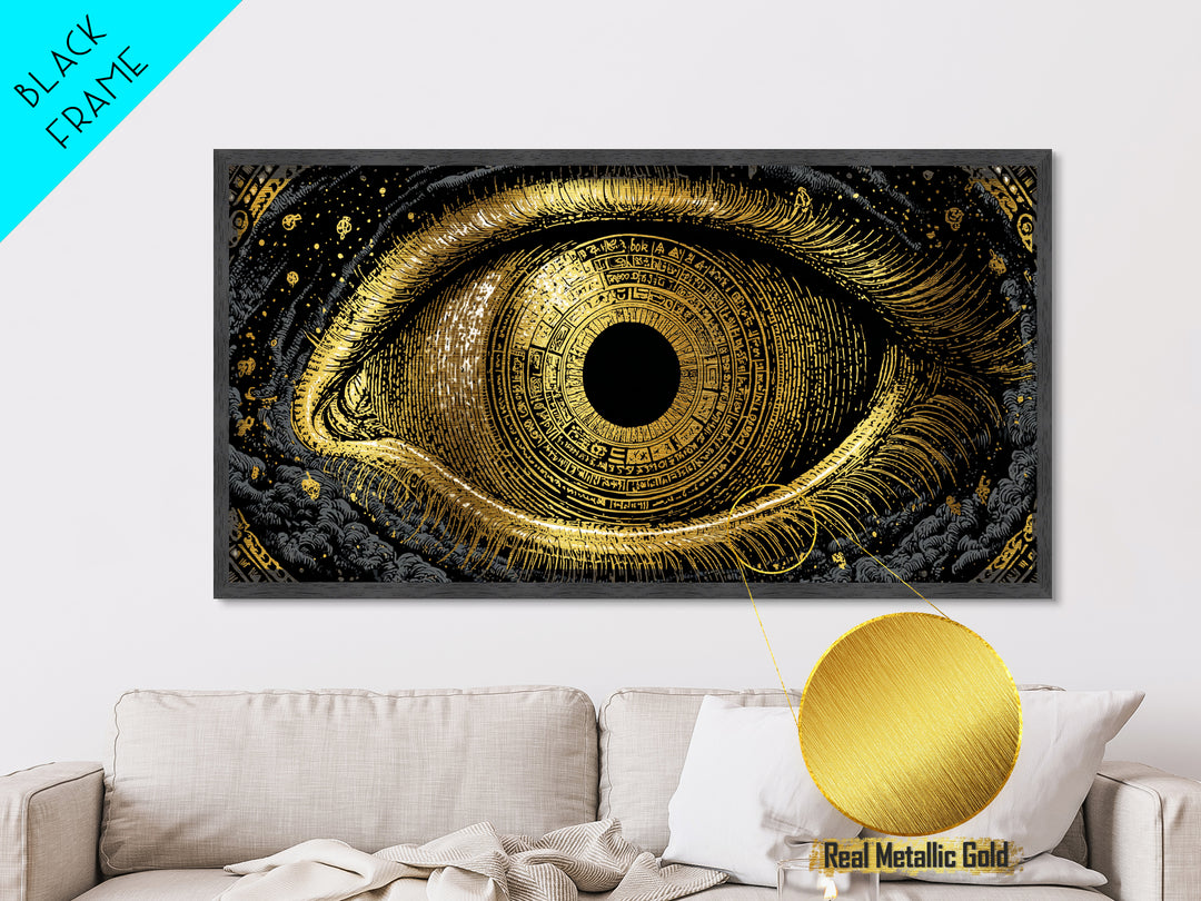 Mystic Rune Eye Metallic Gold Art Norse Metal Art Nordic Wall Hanging with real wood frame, Viking Decor, Dad Gift for Office