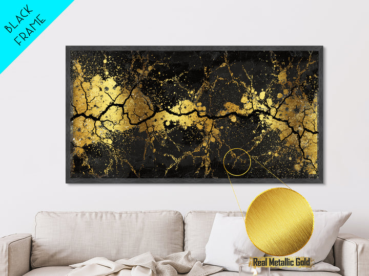 Cracked Stone Metallic Gold Art Nordic Metal Art Norse Abstract Wall Decor in real wood frame, Man Cave Gift, Office Accent