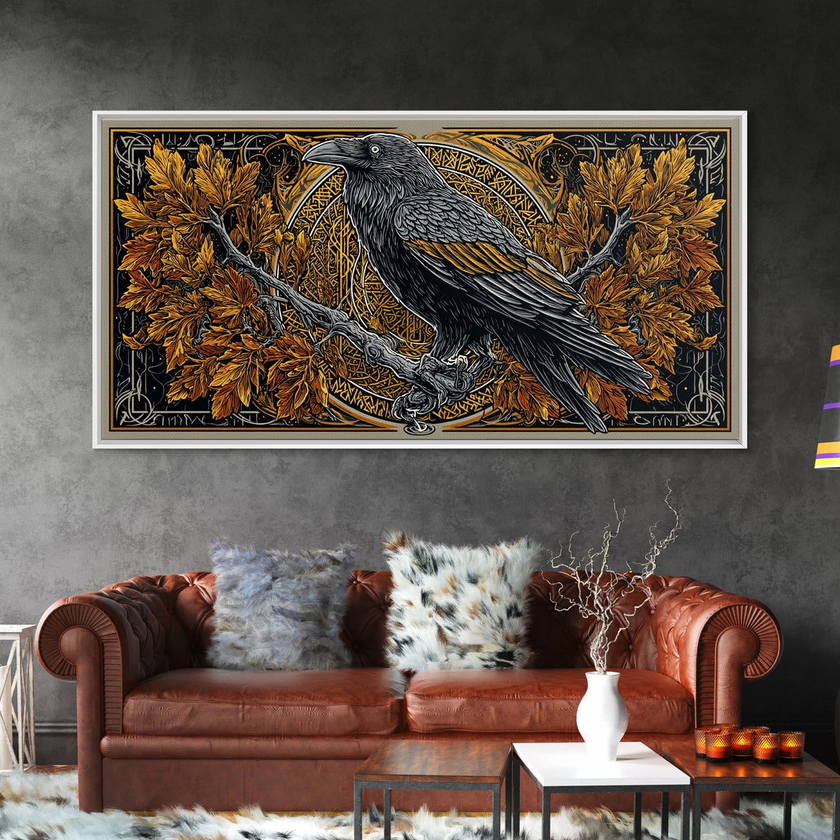 Norse Raven Perched Canvas Gold Art Canvas Art with Runes and Autumn Leaves, Framed in Real Wood, Viking Office or Man Cave