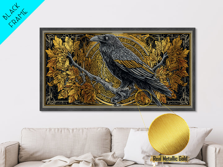Norse Raven Perched Metallic Gold Art Metal Art with Runes and Autumn Leaves, Framed in Real Wood, Viking Office or Man Cave