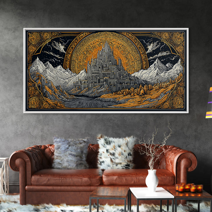 Asgard Fortress Canvas Gold Art Norse Mythology Canvas Art Nordic Wall Hanging framed in natural wood, Viking Decor Office