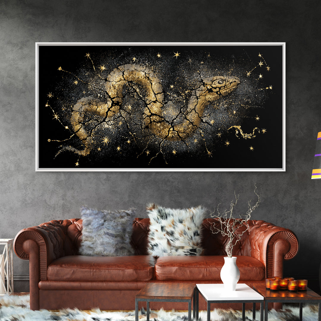 Jormungandr Serpent Canvas Gold Art Norse Mythology Canvas Art Wall Decor framed in real wood, Man Cave Viking Gift for Him