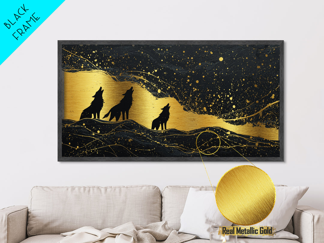 Howling Wolves Metallic Gold Art Norse Metal Art Nordic Mythology Wall Decor with real wood frame, Man Cave Accent, Office Art