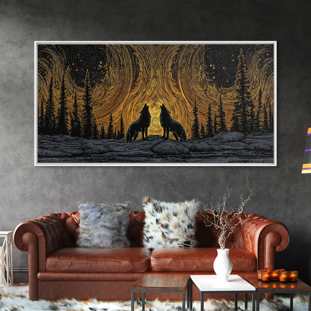 Fenrir Wolves Canvas Gold Art Norse Mythology Canvas Art Nordic Wall Hanging framed in wood, Dad Gift, Viking Decor for Office