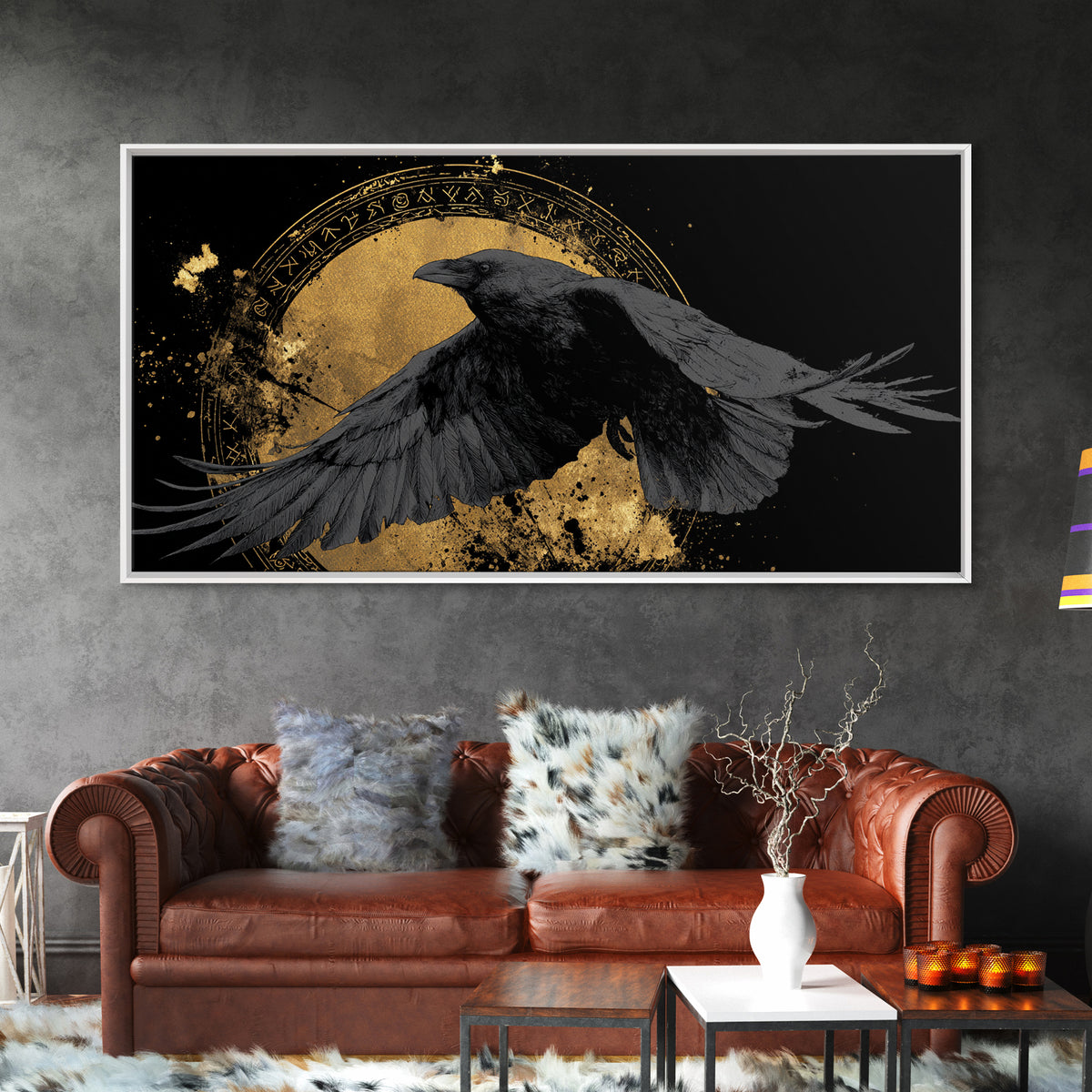 Raven of Odin Canvas Gold Art Norse Mythology Canvas Art Nordic Wall Decor framed in real wood, Man Cave Viking Office Gift