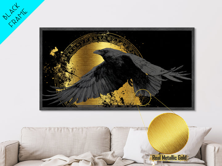Raven of Odin Metallic Gold Art Norse Mythology Metal Art Nordic Wall Decor framed in real wood, Man Cave Viking Office Gift