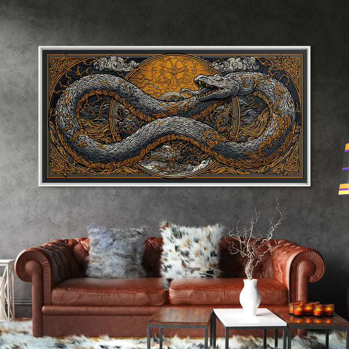 Midgard Serpent Canvas Gold Art Norse Mythology Canvas Art Nordic Wall Hanging framed in natural wood, Office Accent, Dad Gift