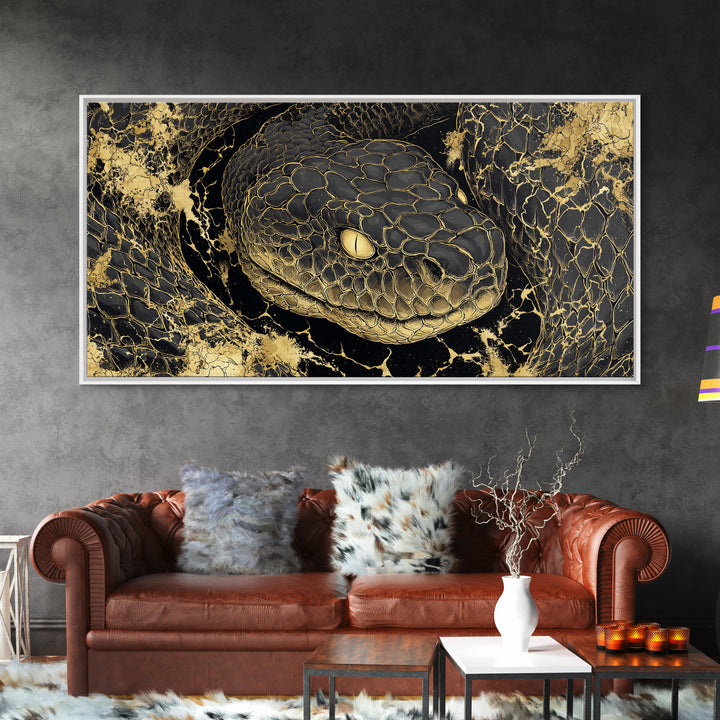 Viking Serpent Jormungandr Canvas Gold Art Canvas Art Norse Mythology Wall Decor for Man Cave or Office framed in natural wood