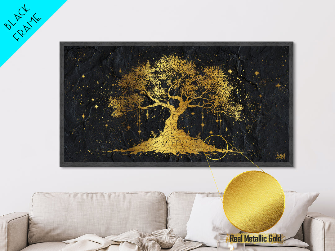 Yggdrasil Metallic Gold Art Metal Art Norse Tree of Life Nordic Mythology Wall Decor Dad Gift Office Art framed with real wood