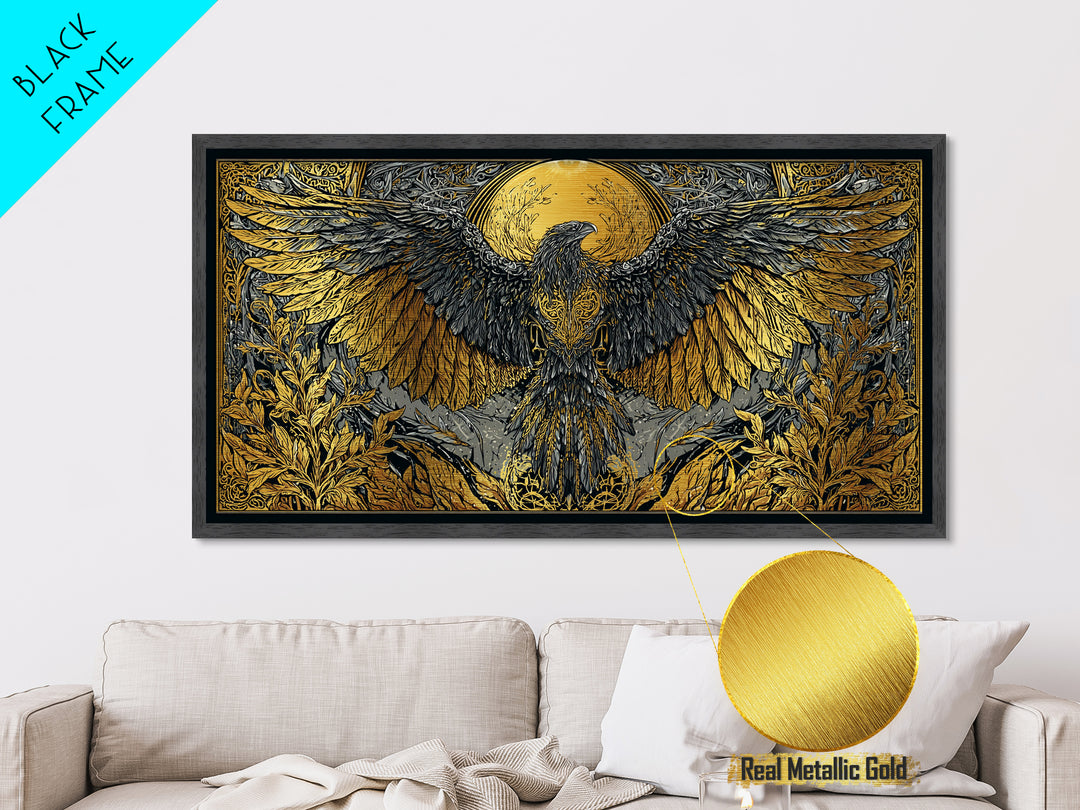 Valkyrie Eagle Metallic Gold Art Metal Art Norse Wall Hanging with Spreading Wings, Natural Wood Frame, Nordic Mythology Gift
