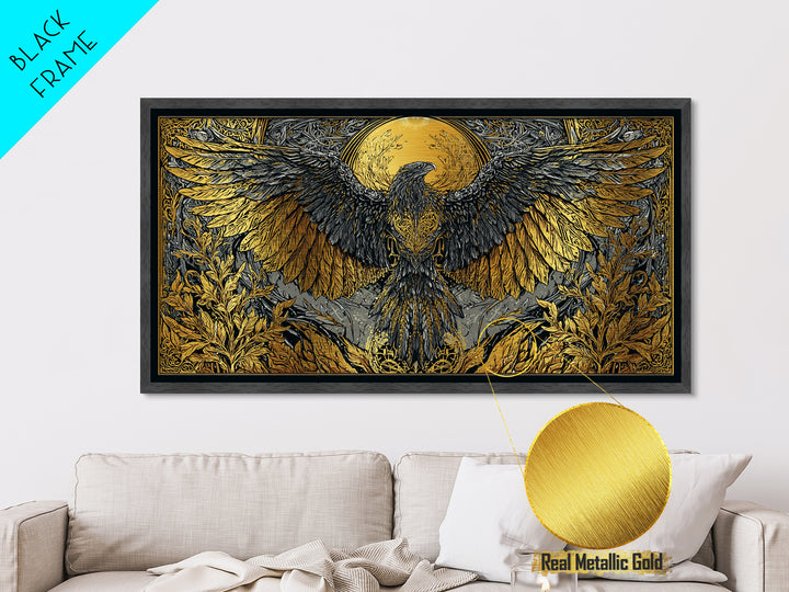 Valkyrie Eagle Metallic Gold Art Metal Art Norse Wall Hanging with Spreading Wings, Natural Wood Frame, Nordic Mythology Gift