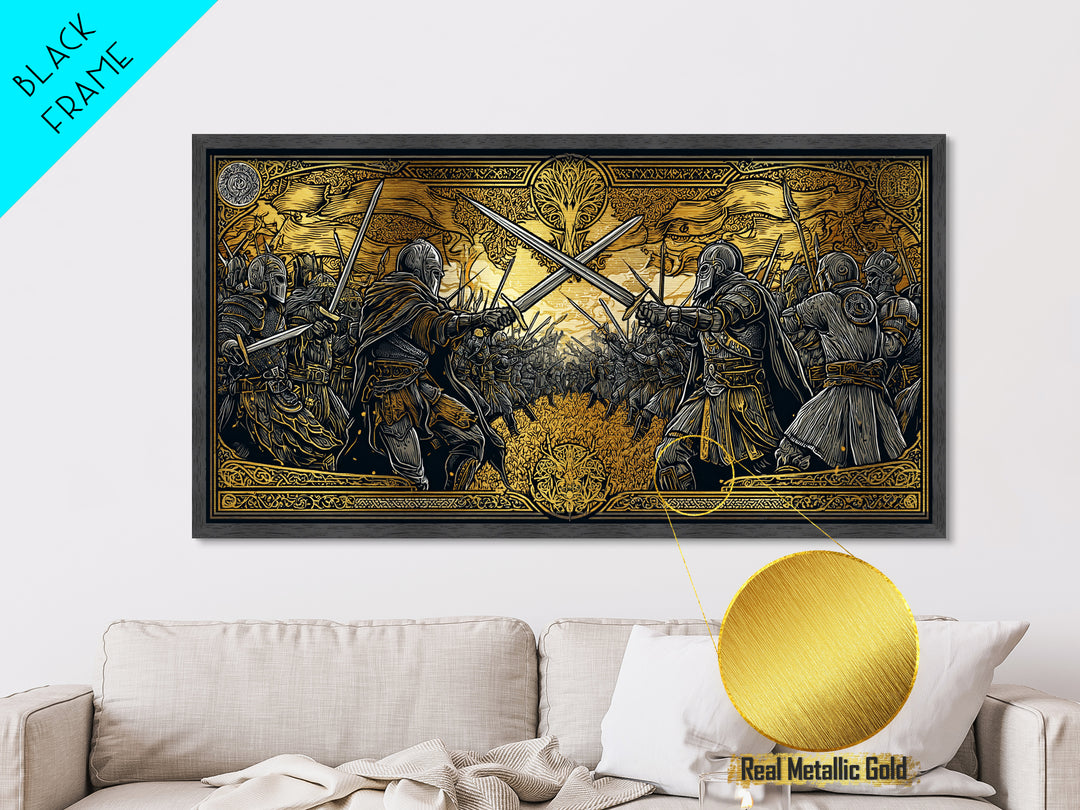 Viking Battle Metallic Gold Art Metal Art Norse Warriors Mythology Wall Decor Office Art Man Cave Gift framed in natural wood
