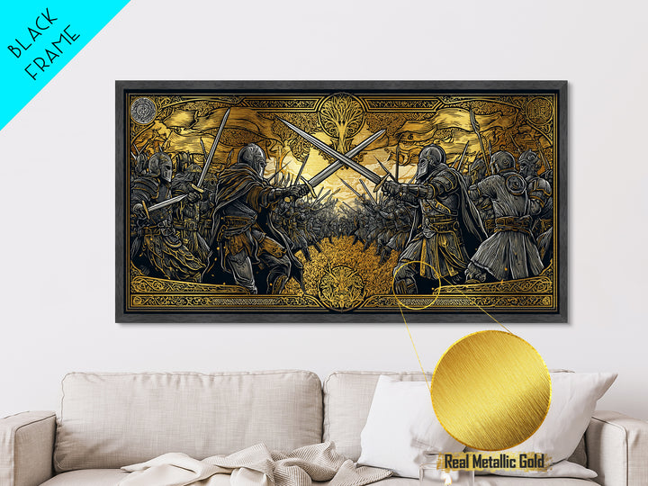 Viking Battle Metallic Gold Art Metal Art Norse Warriors Mythology Wall Decor Office Art Man Cave Gift framed in natural wood