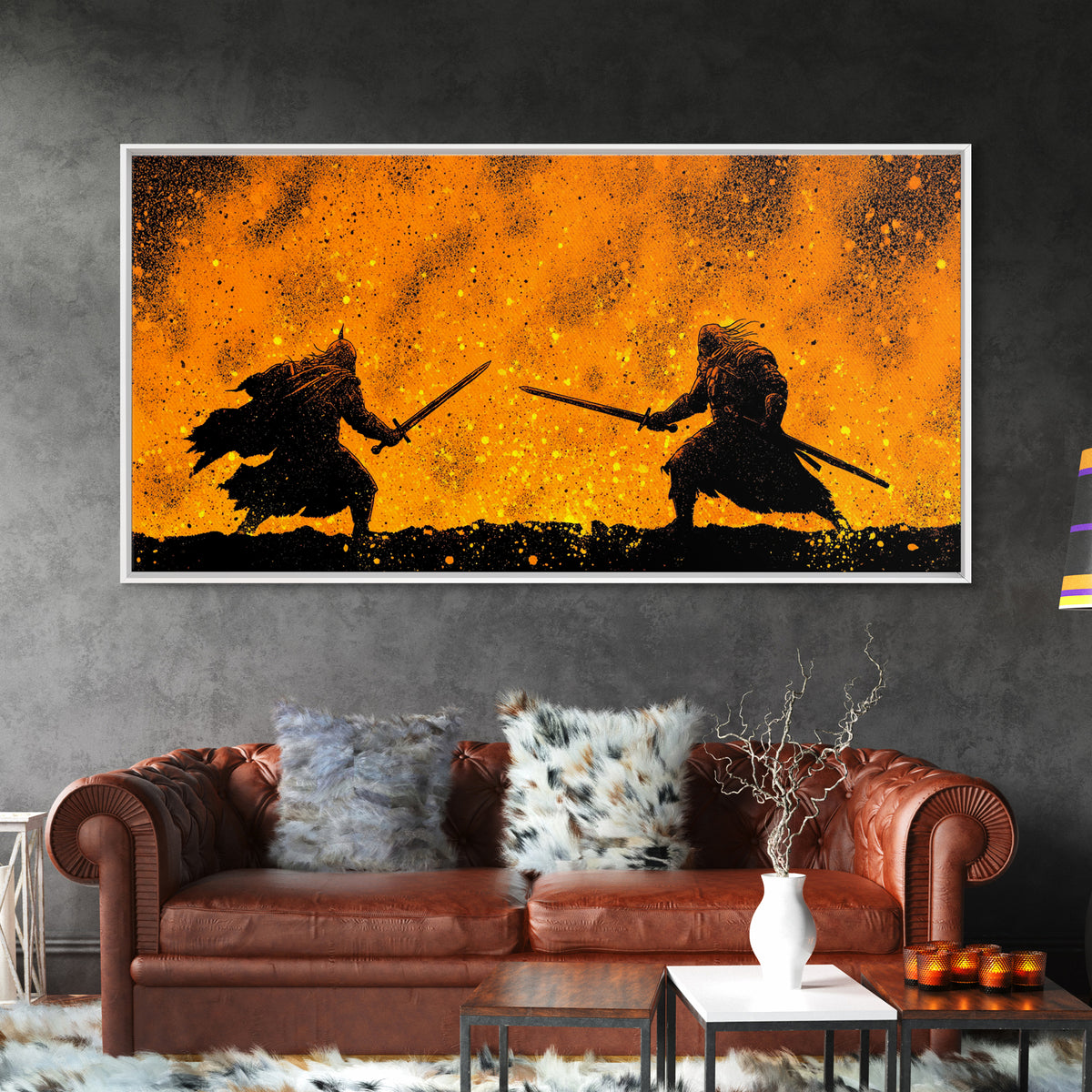 Fiery Duel Canvas Gold Art Canvas Art Norse Viking Mythology Warrior Wall Decor Dad Gift Office Art framed in solid wood