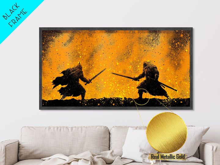 Fiery Duel Metallic Gold Art Metal Art Norse Viking Mythology Warrior Wall Decor Dad Gift Office Art framed in solid wood