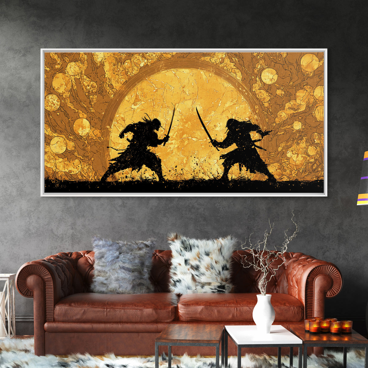 Samurai Duel Canvas Gold Art Canvas Art Norse Inspired Epic Warrior Wall Art Man Cave Decor Office Gift framed in real wood