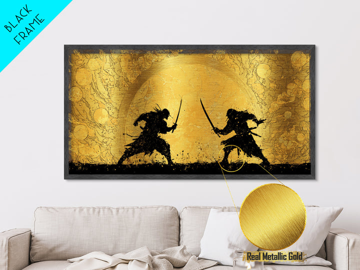 Samurai Duel Metallic Gold Art Metal Art Norse Inspired Epic Warrior Wall Art Man Cave Decor Office Gift framed in real wood