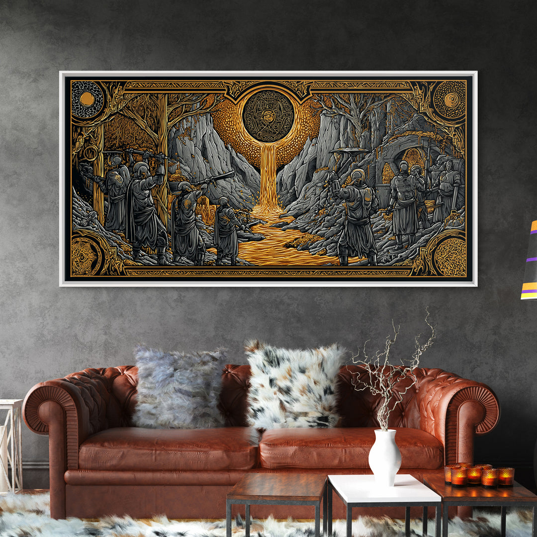 Dwarves Forging Canvas Gold Art Canvas Art Norse Mythology Viking Blacksmiths Wall Decor Office or Man Cave framed in wood