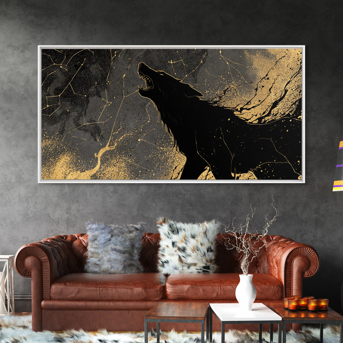 Fenrir Wolf Canvas Gold Art Canvas Art Norse Mythology Beast Viking Wall Decor Dad Gift Office Art framed in real wood frame