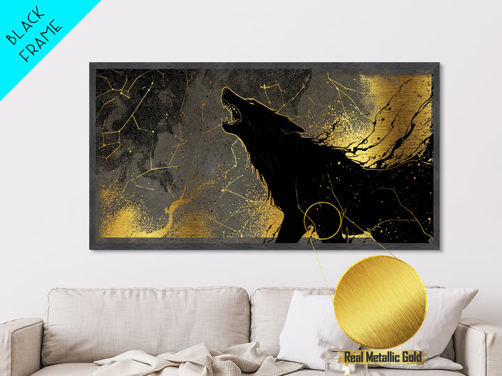 Fenrir Wolf Metallic Gold Art Metal Art Norse Mythology Beast Viking Wall Decor Dad Gift Office Art framed in real wood frame
