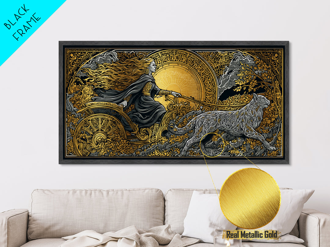 Freyja Metallic Gold Art Metal Art Norse Goddess Viking Mythology Wall Decor Man Cave or Office Art framed in natural wood