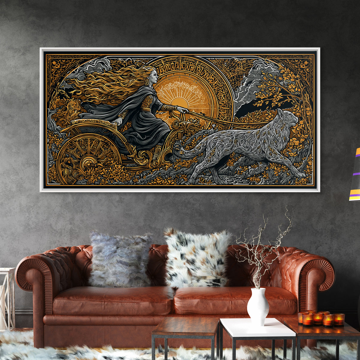 Freyja Canvas Gold Art Canvas Art Norse Goddess Viking Mythology Wall Decor Man Cave or Office Art framed in natural wood