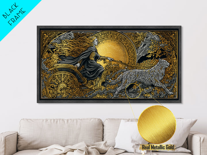 Freyja Metallic Gold Art Metal Art Norse Goddess Viking Mythology Wall Decor Man Cave or Office Art framed in natural wood