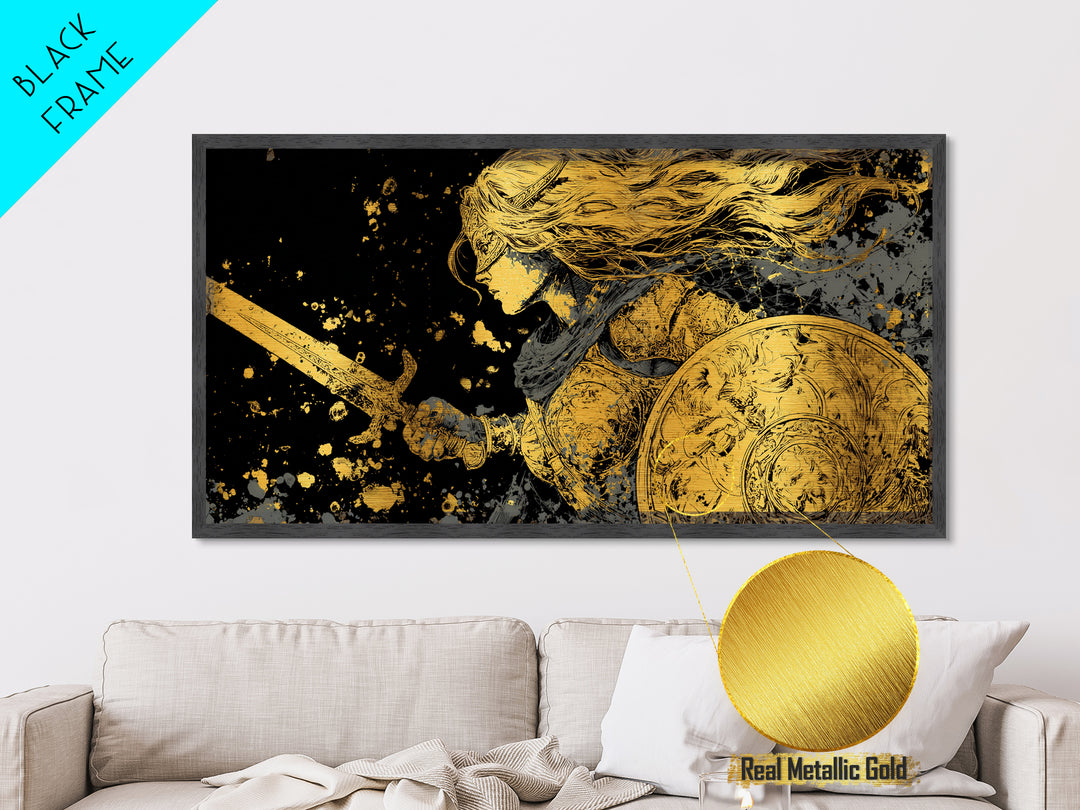 Valkyrie Warrior Metallic Gold Art Metal Art Norse Mythology Female Viking Wall Decor Office Art Man Cave Gift framed in wood