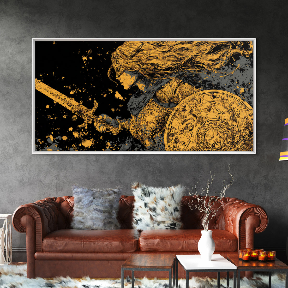 Valkyrie Warrior Canvas Gold Art Canvas Art Norse Mythology Female Viking Wall Decor Office Art Man Cave Gift framed in wood