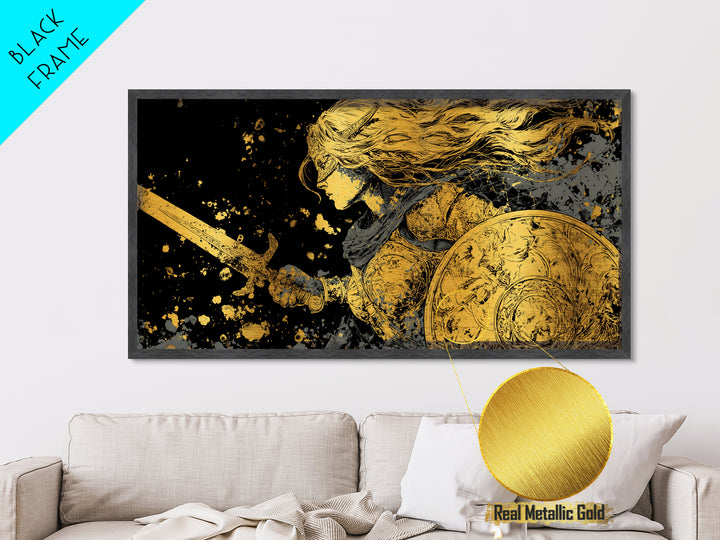 Valkyrie Warrior Metallic Gold Art Metal Art Norse Mythology Female Viking Wall Decor Office Art Man Cave Gift framed in wood
