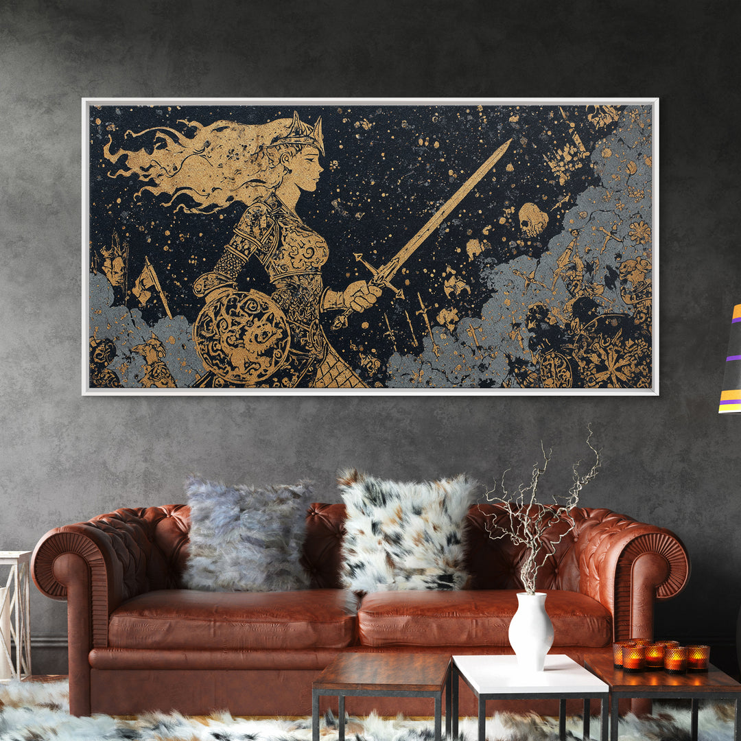 Viking Warrior Queen Hervor Canvas Gold Art Canvas Art Nordic Mythology Wall Decor for Office or Man Cave framed in real wood