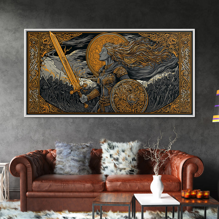 Shieldmaiden Hervor Canvas Gold Art Canvas Art Norse Warrior Goddess Viking Wall Decor Dad Gift Office framed in real wood