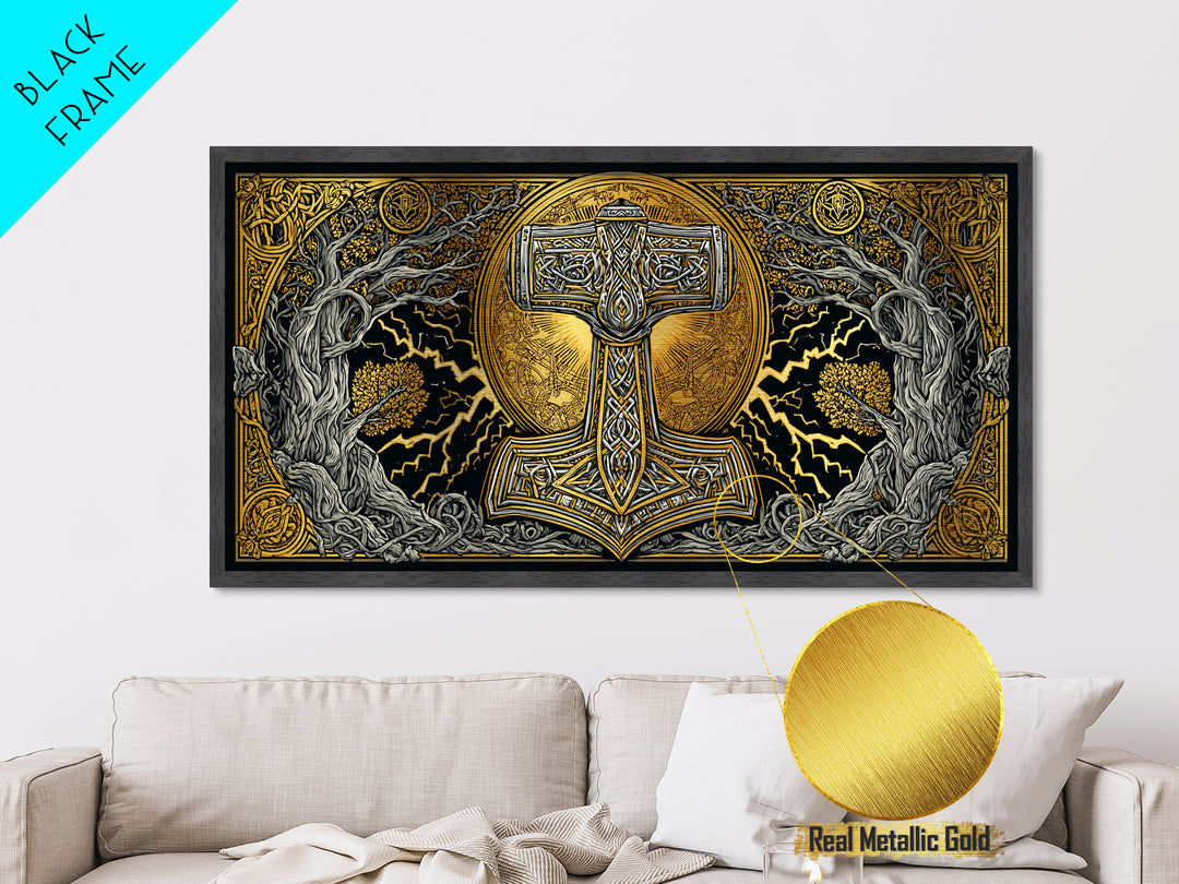 Mjolnir Norse Hammer Metallic Gold Art Metal Art Viking Symbol Wall Art for Man Cave Office or Dad Gift in handcrafted real wood frame