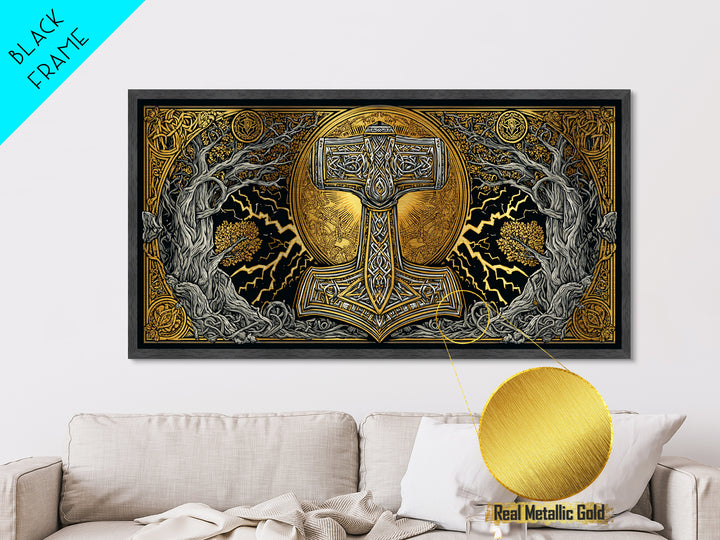 Mjolnir Norse Hammer Metallic Gold Art Metal Art Viking Symbol Wall Art for Man Cave Office or Dad Gift in handcrafted real wood frame