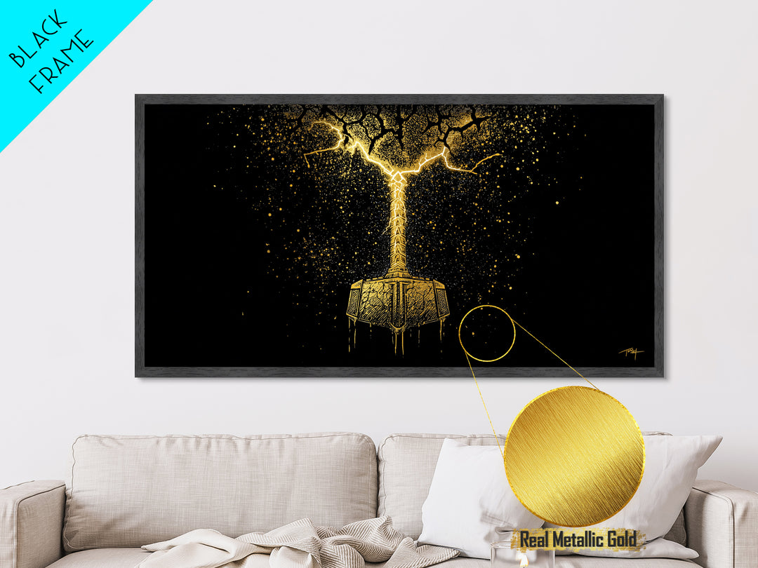 Thor’s Mjolnir Hammer Metallic Gold Art Metal Art Nordic Wall Art Viking Decor Mythology Office Piece framed in premium natural wood