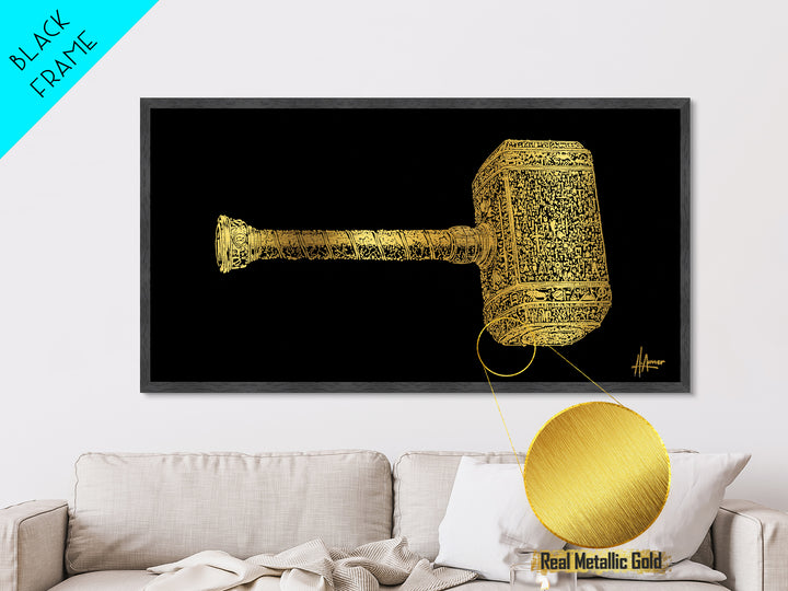 Thor’s Hammer Mjolnir Metallic Gold Art Metal Art Nordic Mythology Wall Hanging Viking Decor Office Art Gift framed in solid natural wood