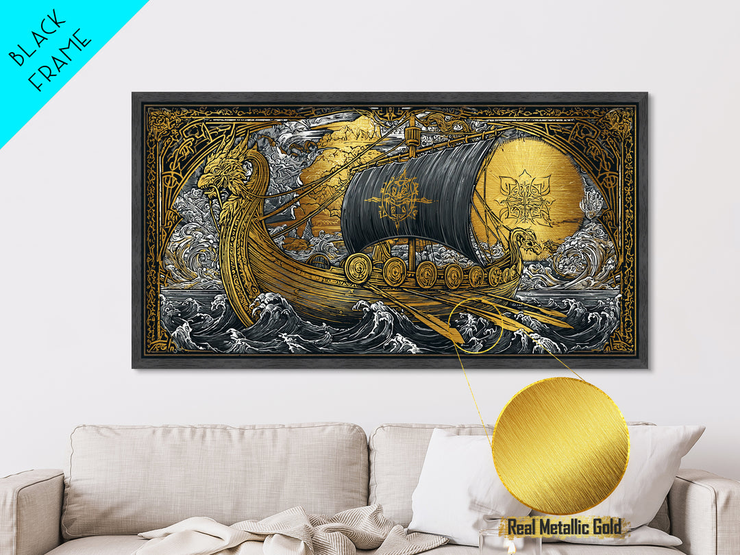 Naglfar Norse Longship Metallic Gold Art Metal Art Viking Ship Wall Decor Nordic Mythology Office or Dad Gift framed with natural wood