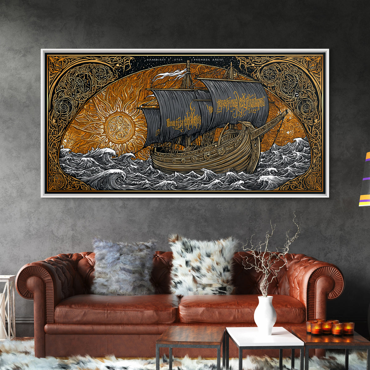 Viking Ship Naglfar Canvas Gold Art Canvas Art Nordic Longship Decor Norse Mythology Office Wall Art Man Cave framed in authentic wood