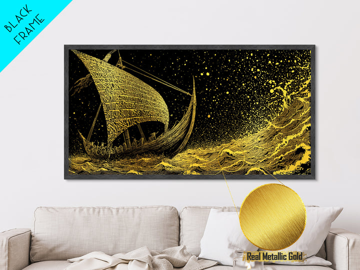 Norse Ship Naglfar Metallic Gold Art Metal Art Viking Longship Wall Hanging Decor for Dad Gift Office Art framed in handcrafted real wood